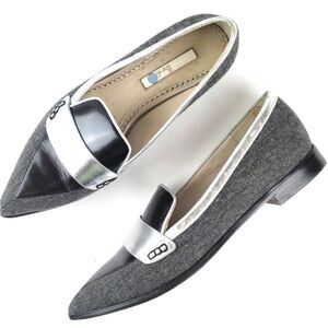 Boden Octavia Leather and Tweed Pointed Toe Slip-on Loafer Black Gray Silver Siz